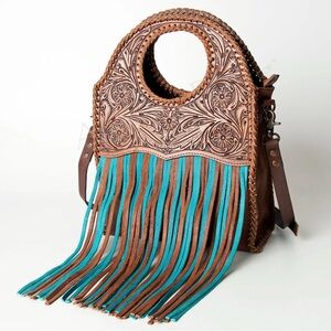 Western Bag Genuine Tooled Leather Brown & Teal Handcrafted Fringe Bag Cowgirl 🔥